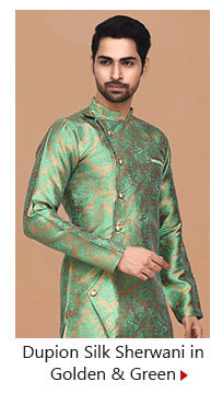 Printed Dupion Silk
Sherwani in Golden and Green
