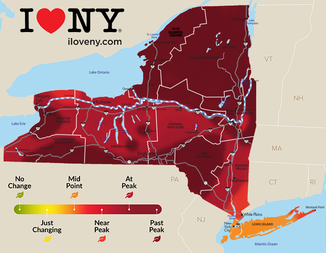 Fall Foliage map of New York with mostly peak colors