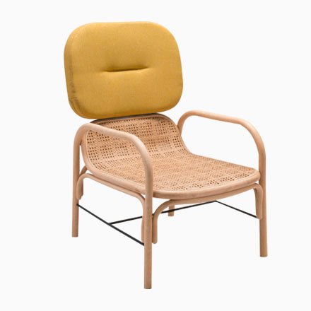 Image of Plus Rattan Armchair with Gabriel Fabrics Medley Yellow Cushion by AC/AL Studio for ORCHID EDITION