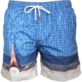 Santorini Pool Photographic Print Swim Shorts, Blue
