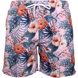 Hawaiian Flowers Print Swim Shorts, Maui Pink