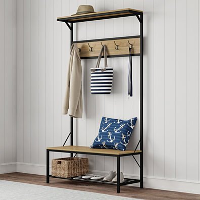 Entryway Storage Bench- Metal Hall Tree with Seat, Coat Hooks and Shoe Storage