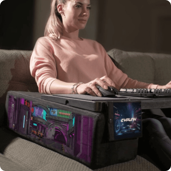 Couchmaster CYPUNK Limited Edition cyberpunk couch desk has 80s colors and the DeLorean