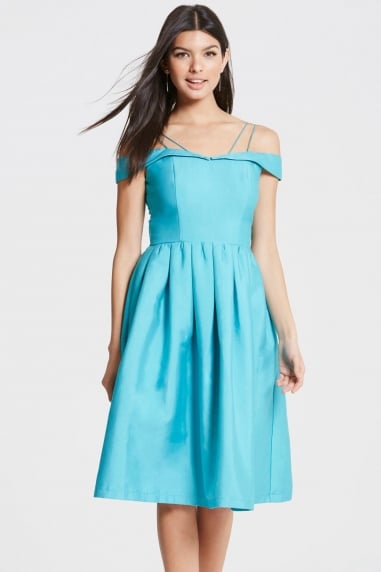 Teal Bardot Prom Dress With Overlay