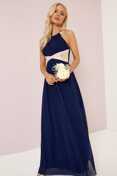 Navy Embellished Lace Panel Detail Maxi
