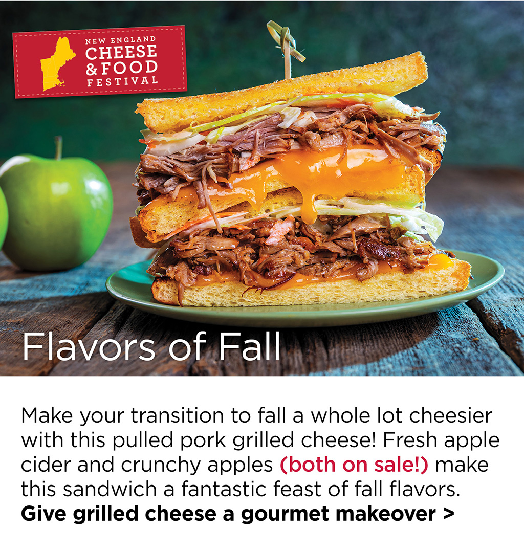 Flavors of Fall Make your transition to fall a whole lot cheesier with this pulled pork grilled cheese! Fresh apple cider and crunchy apples (both on sale!) make this sandwich a fantastic feast of fall flavors. Give grilled cheese a gourmet makeover >