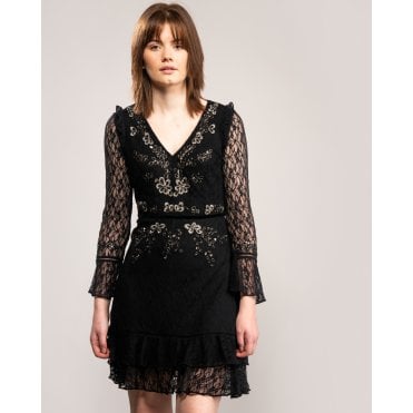 French Connection Bella Sparkle Embelished Lace Womens Dress