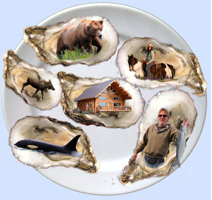 Whale, Moose, Bear, Horseback Rider, Fisherman and teh Captain Cook Lodge, each on an oyster shell.
