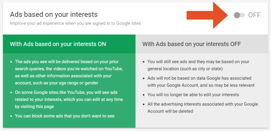 Picture of setting ad interests to off