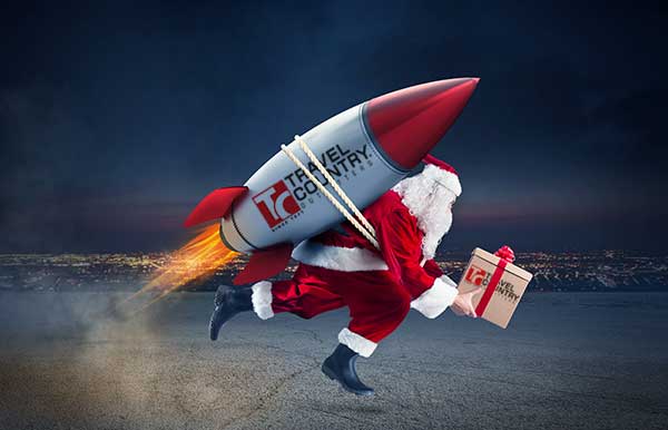 image: Santa delivering package with jet engine on his back
