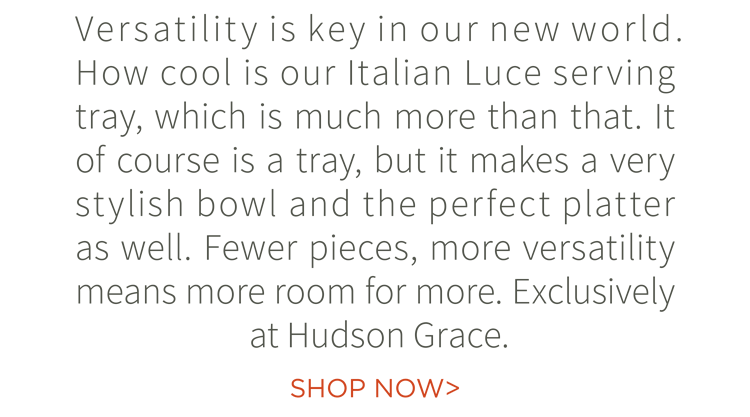 Let Luce! Versatility is key in our new world. How cool is our Italian Luce serving tray, which is much more than that. It of course is a tray, but it makes a very stylish bowl and the perfect platter as well. Fewer pieces, more versatility means more room for more. Exclusively at Hudson Grace. Shop now