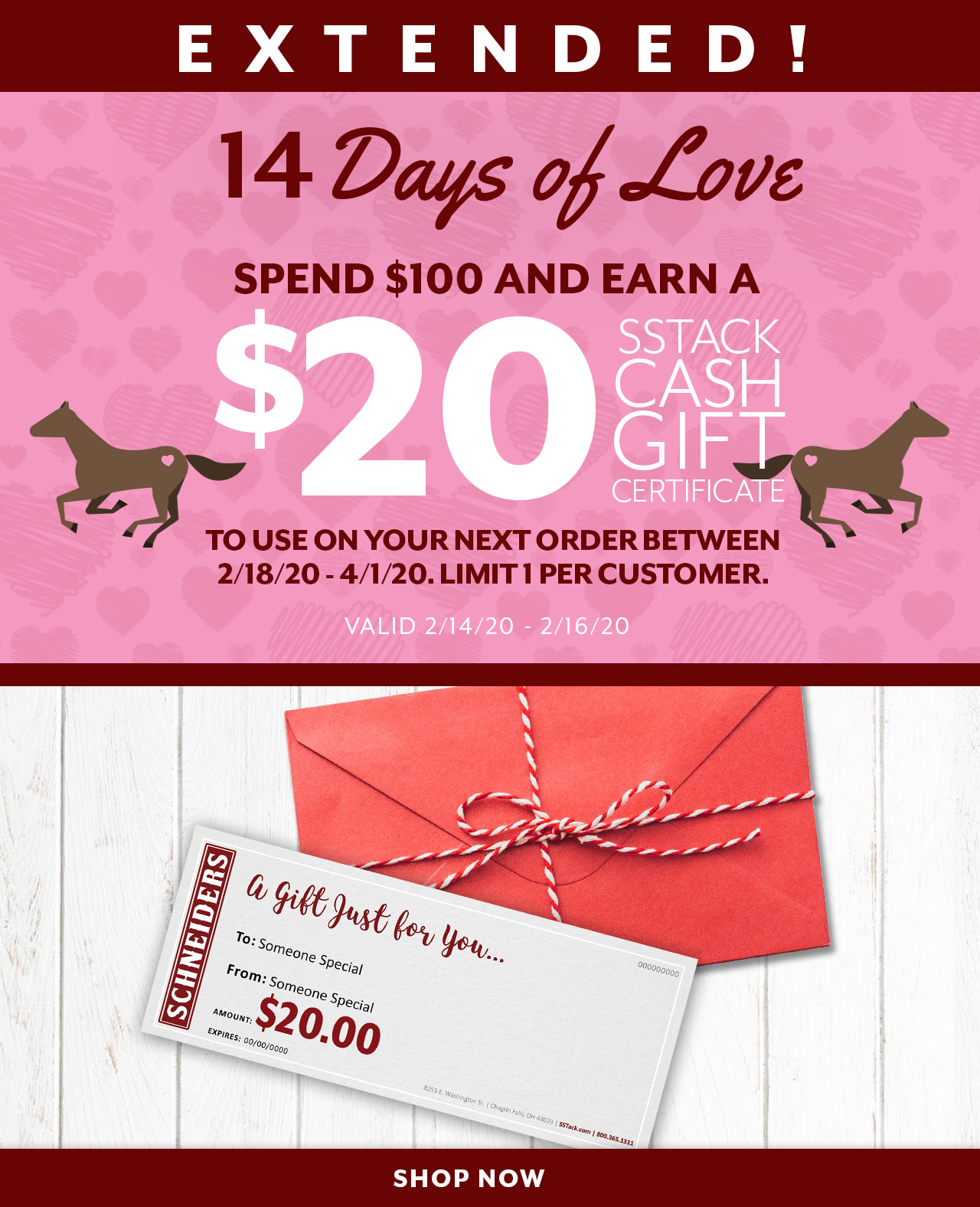 Extended through the weekend: Earn a $20 SSTACK Cash gift certificate when you spend $100+. Valid 2/14/20 - 2/16/20, limit 1 per order.. 