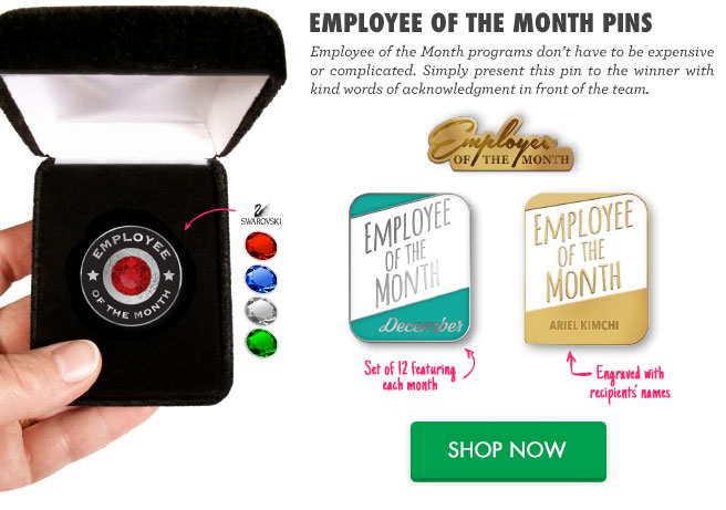 Employee of the Month Pins - Employee of the Month programs don’t have to be expensive or complicated. Simply present this pin to the winner with kind words of acknowledgment in front of the team. Shop Now