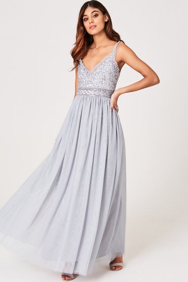 Luxury Serena Grey Hand-Embellished Sequin And Frill Maxi Dress