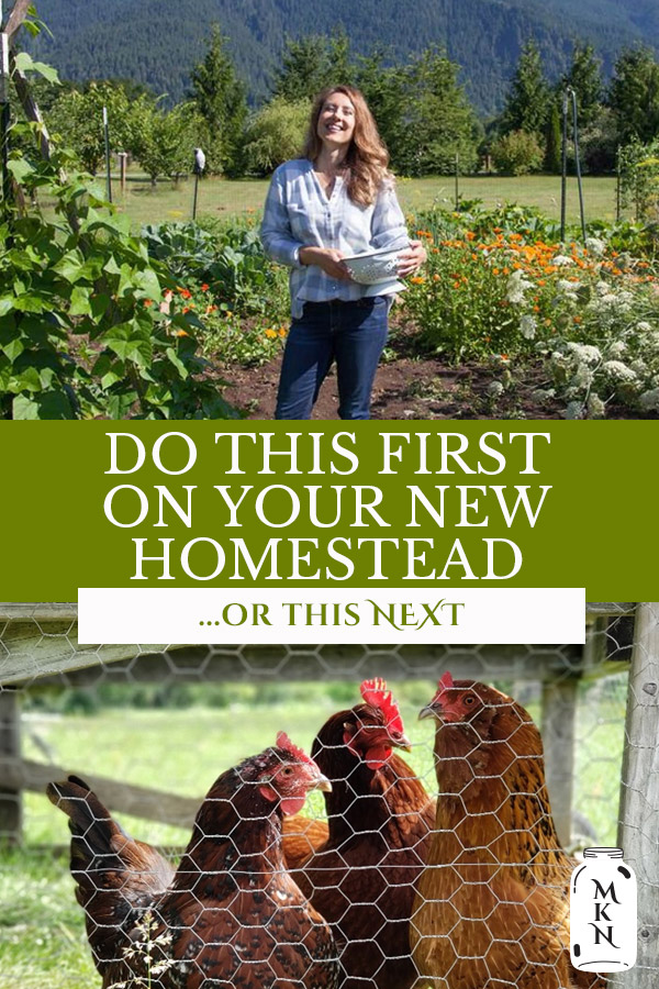 Pinterest pin with two images, one of a woman standing in the garden, the other of chickens in a coop.