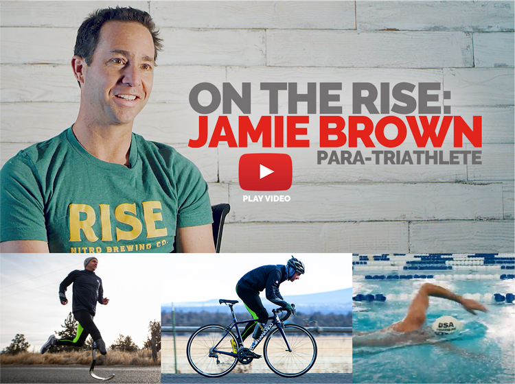 On the Rise: Jamie Brown, para-triathlete. Play video button. Images of Jamie, of him running, biking, swimming.