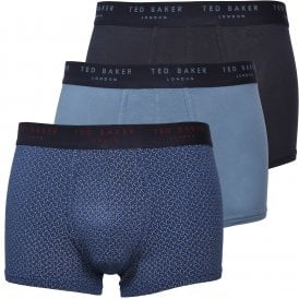 3-Pack Solid & Geo Print Boxer Trunks, Navy/Blue