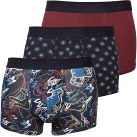 3-Pack Cats, Dogs & Dots Print Boxer Trunks, Navy/Burgundy