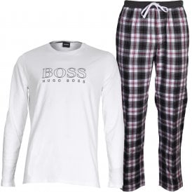 Long Jersey & Brushed Flannel Check Bottoms Pyjamas Gift Set, White/Burgundy