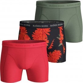 3-Pack Flower Print & Solid Boxer Trunks, Red/Navy/Khaki