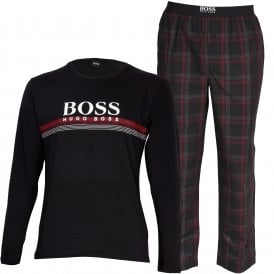 Urban Long Jersey & Check Bottoms Pyjamas Gift Set, Black/burgundy