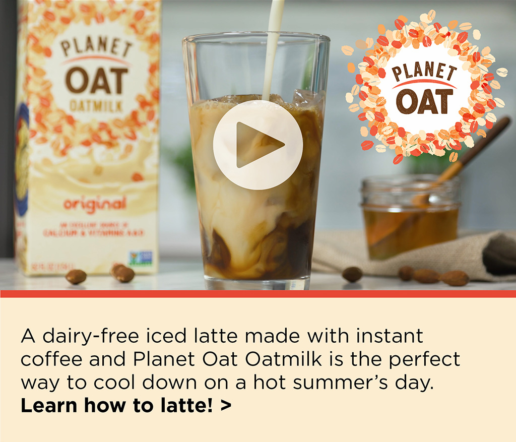 A dairy-free iced latte made with instant coffee and Planet Oat Oatmilk is the perfect way to cool down on a hot summer's day. Learn how to latte! >