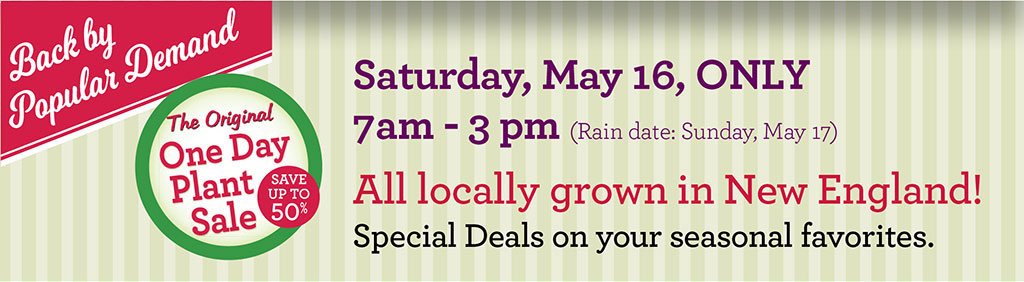 Back by Popular Demand! The Original One Day Plant Sale - save up to 50%! Saturday, May 16, ONLY 7am - 3 pm (Rain date: Sunday, May 17) All locally grown in New England! Special Deals on your seasonal favorites.
