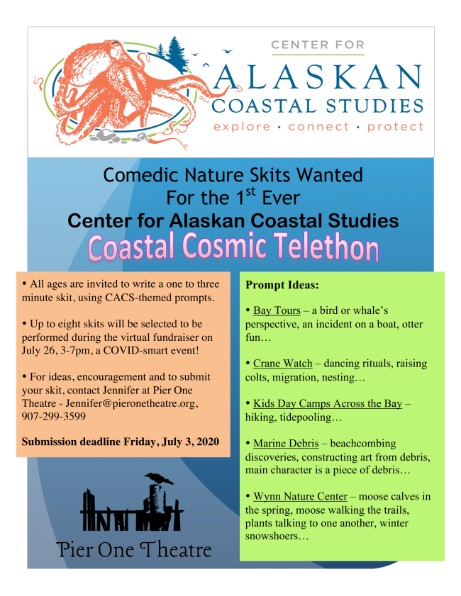We''ve teamed up with Pier One Theatre and are looking for folks to write short skits for our July 26 Coastal Cosmic Telethon. One to three minute nature-themed submissions are needed by July 3rd and we welcome creativity from all ages!