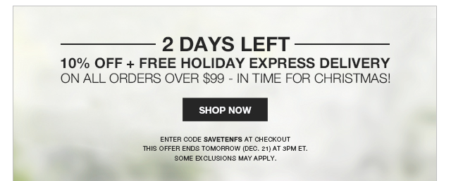 2 Days Left! 10% Off and Free Holiday Express Delivery On All Orders Over $99