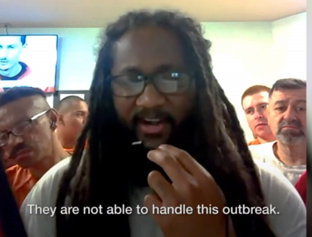 Detainee Charles Joseph articulates the complaints and requests of men being held during the coronavirus pandemic at an Immigration and Customs Enforcement processing center. Screenshot from YouTube video