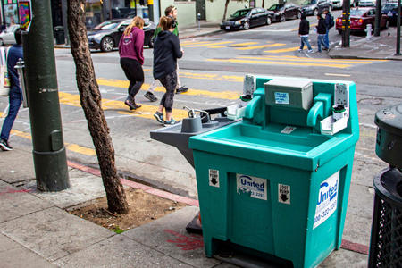 A United Site Services handwashing station at Haight and Ashbury streets in March was completely out of soap. Brian Howey / Public Press