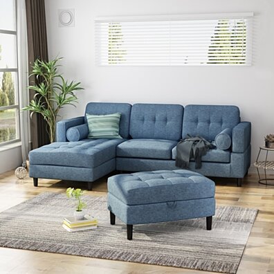 Vita Upholstered Chaise Sectional Sofa Set with Storage Ottoman, 2-Piece 3-Seater