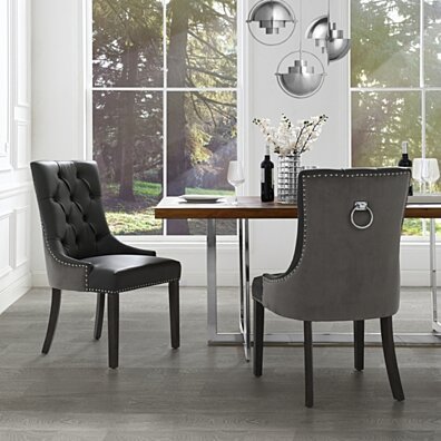 Harry Leather PU / Velvet Dining Chair - Set of 2 | Tufted | Ring Handle | Nailhead Trim by Inspired Home