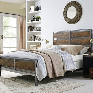 Queen Size Metal and Wood Plank Bed - Brown
