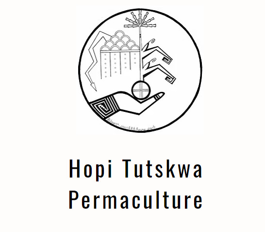 A hand holding imagery referencing the earth and sun in set inside of a circle. The text Hopi Tutskwa Permaculture is underneath of the circle