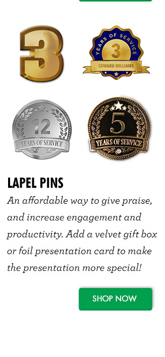 Lapel Pins - An affordable way to give praise, and increase engagement and productivity. Add a velvet gift box or foil presentation card to make the presentation more special!
