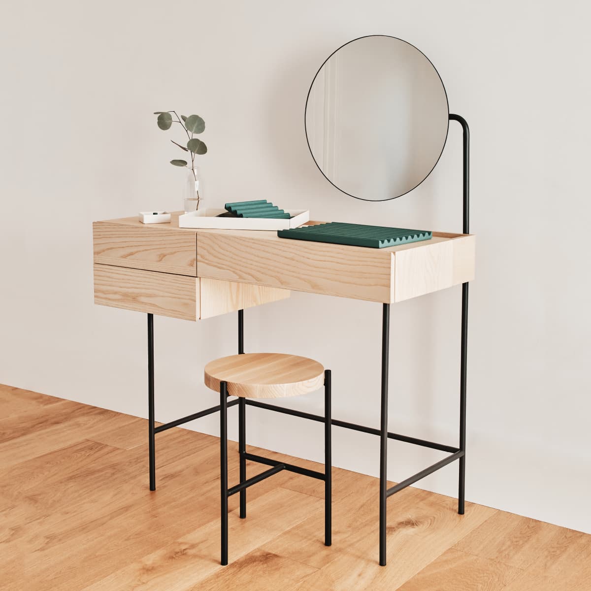 Composed Vanity, Stool and Trays.