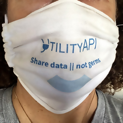 UtilityAPI face mask. Says Share data, not germs