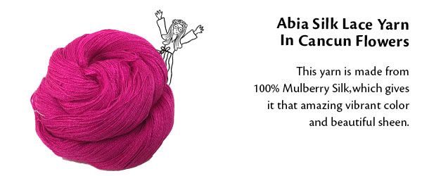 Abia Silk Lace Yarn In Cancun Flowers. This yarn is made from  100% Mulberry Silk which gives  it that amazing vibrant color  and beautiful sheen.