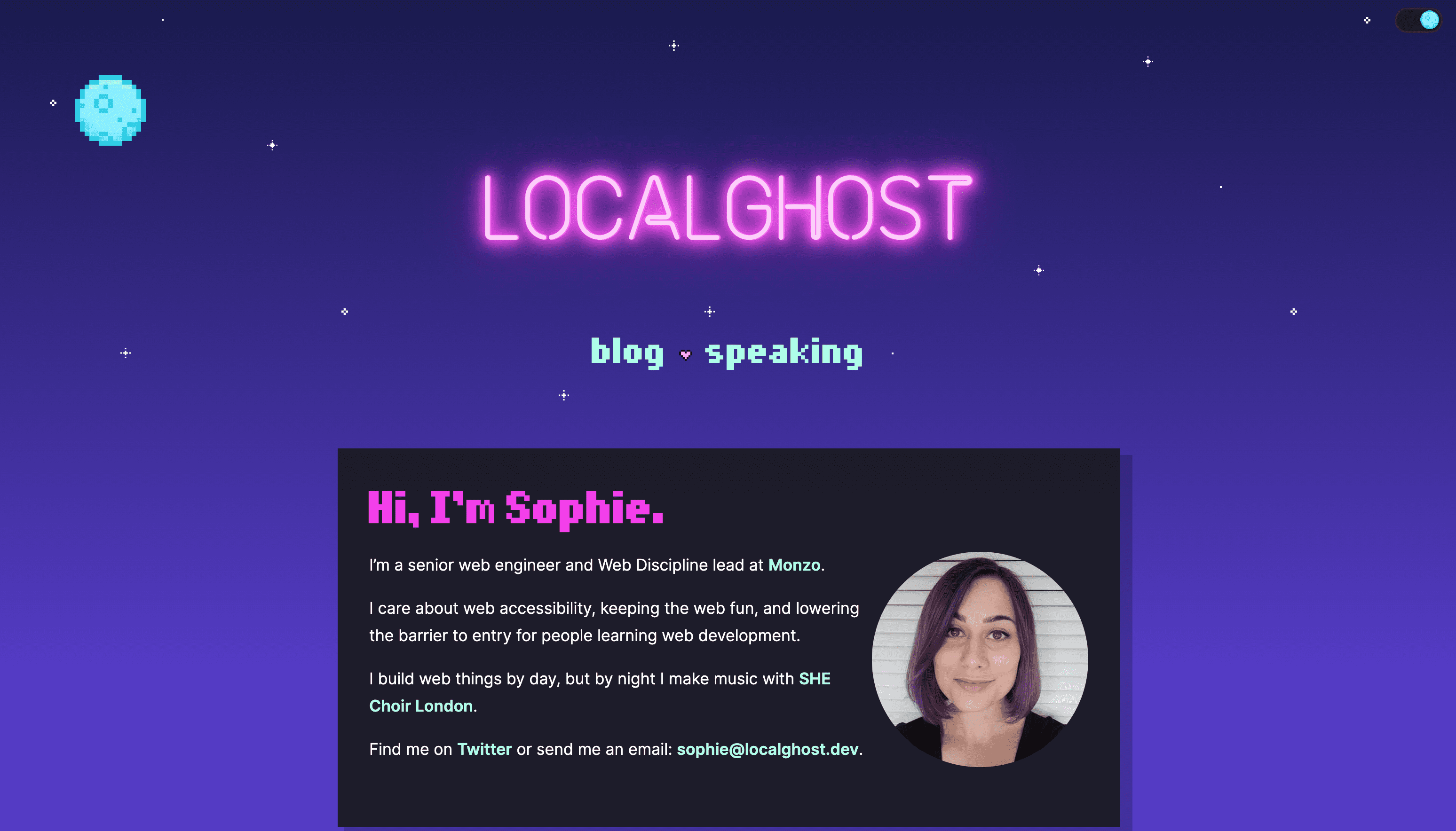 A a site with a full screen blue to purple gradient with pixel art styling