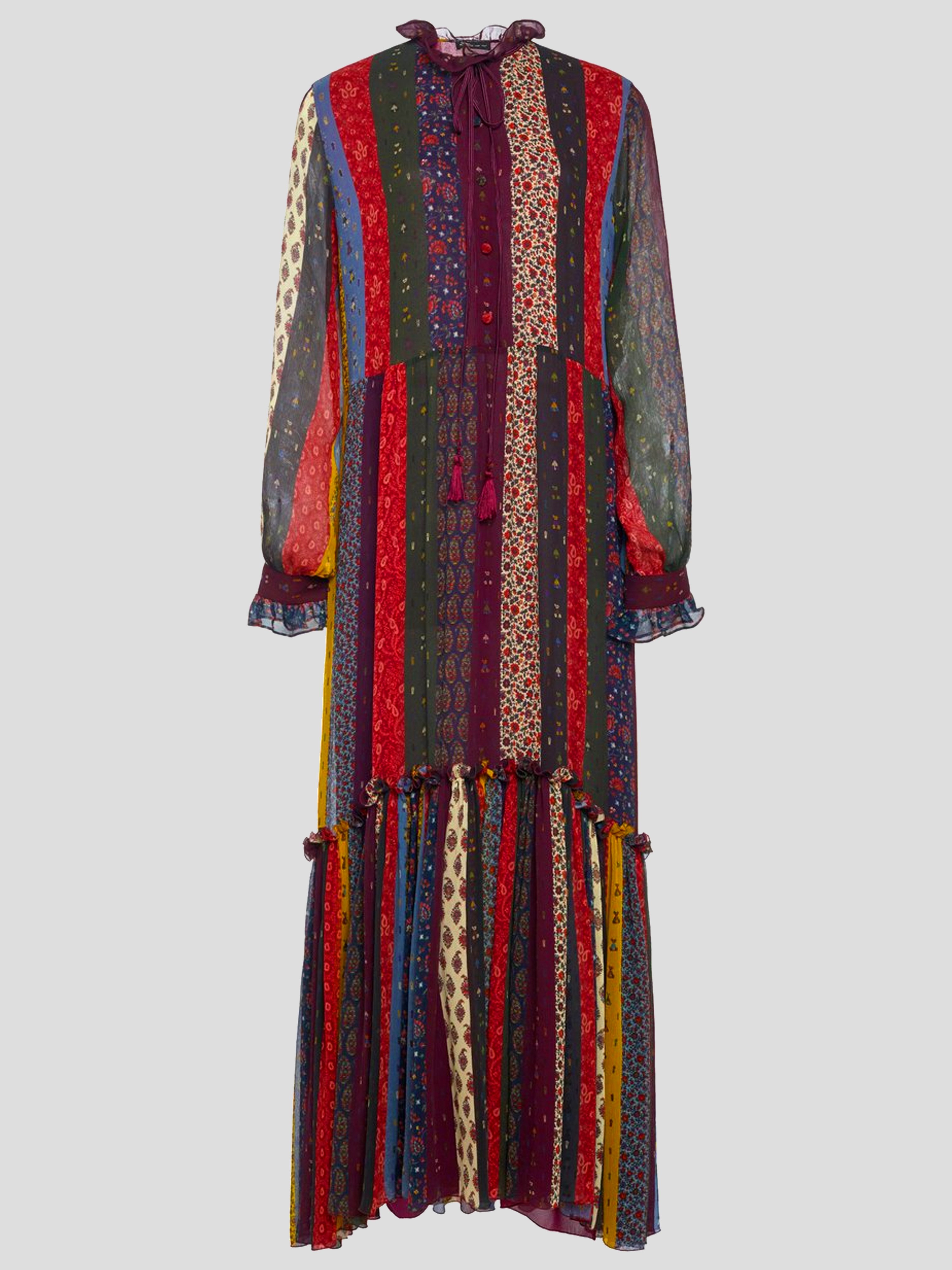 Image of Long Sleeve Patchwork Silk Midi Dress