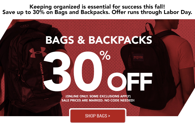 30% OFF Bags & Backpacks!