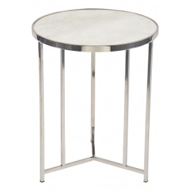 White Marble and Polished Nickel Circular Side Table