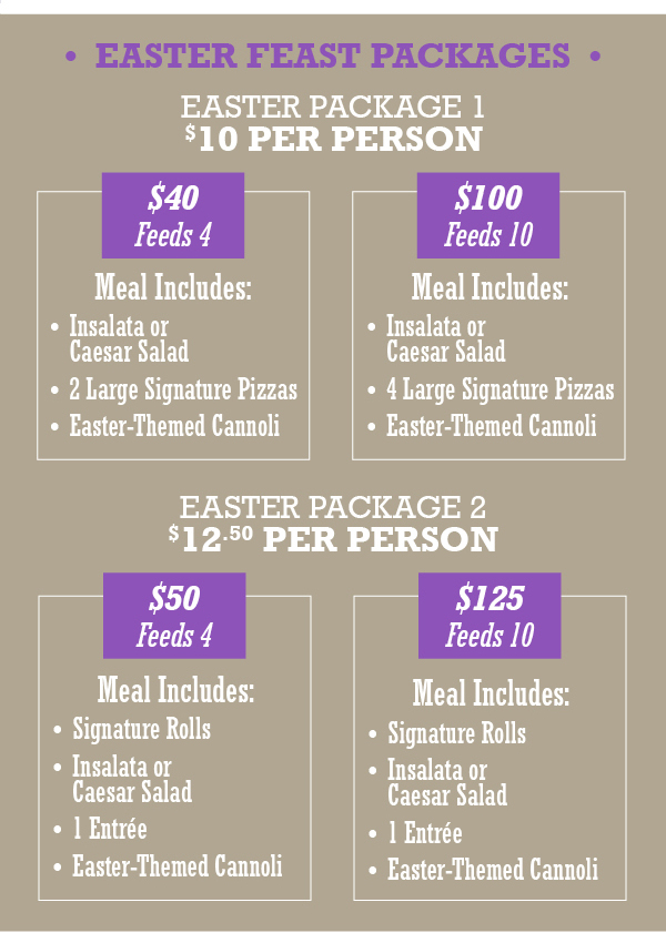 Easter Pacakges 1 - $10 per person; Easter Pacakges 2 - $12.50 per person