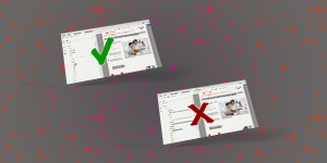 Two computer screens displaying a PDF document are shown: one has a green check and the other has a red x