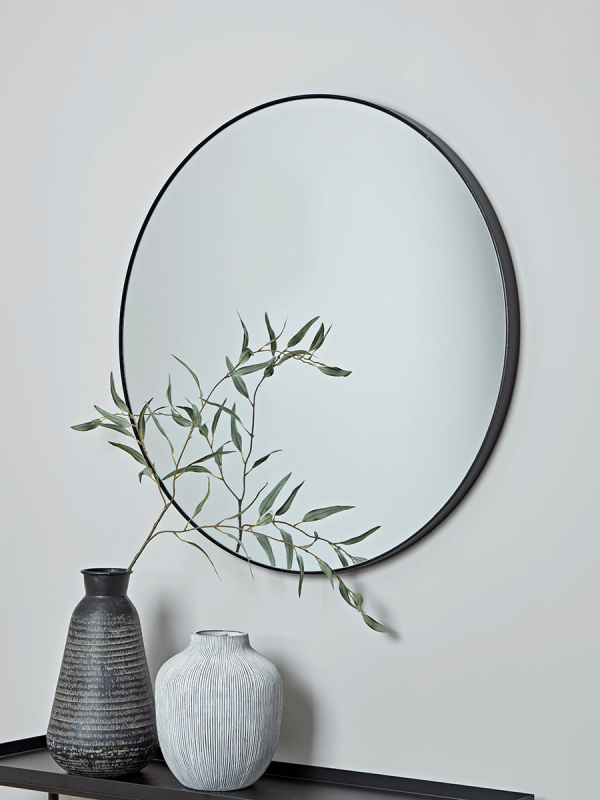 Slim Black Frame Round Mirror