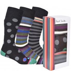 3-Pack Mixed Stripe & Dot Socks Gift Box, Black/multi