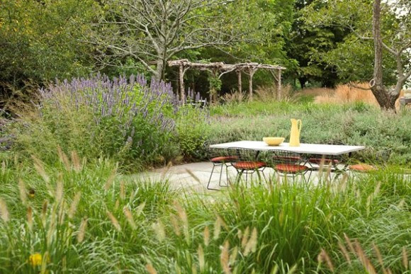 A seating area in a garden in the Hamptons