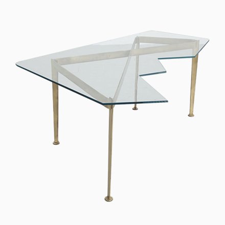 Image of Brass and Cut Crystal Glass Coffee Table, 1950s