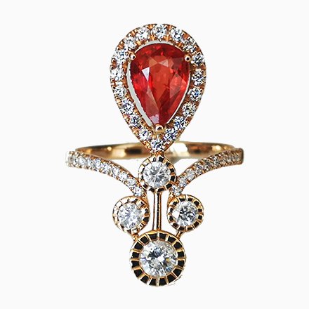 Image of Gold Ring 18 Karat Pink Sapphire Art Deco Orange 1.6 Karat Diamond